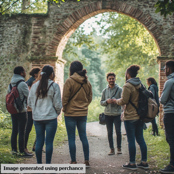 A diverse group of people standing near the arch gate to a park.